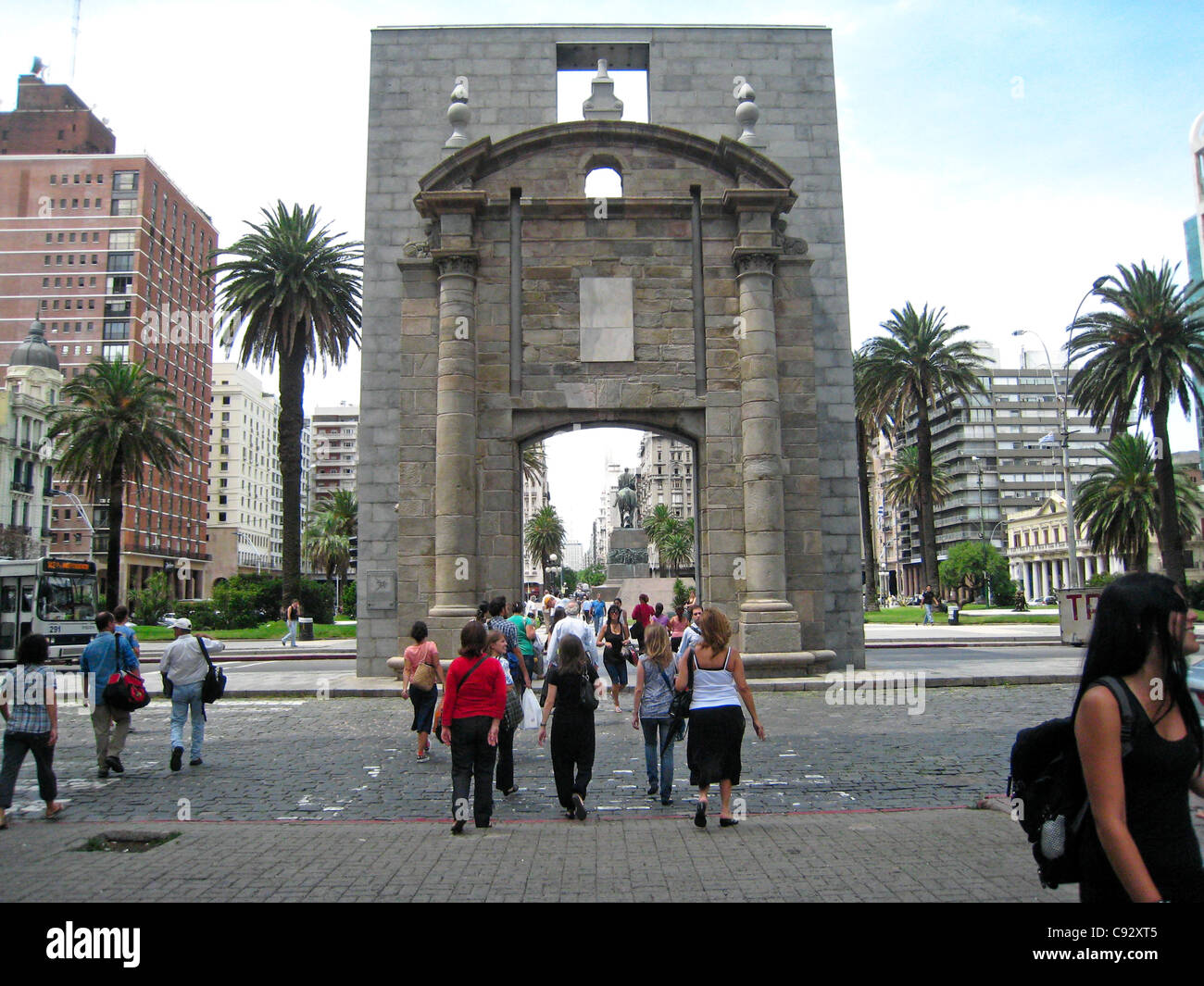 Montevideo, Montevideo, Uruguay Remaining stone wall and entrance to the old city west of Plaza independencia. Stock Photo