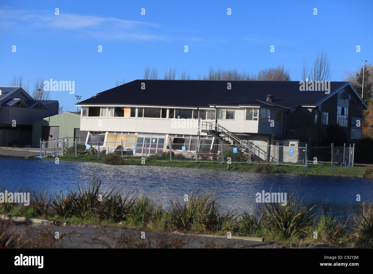 general view shows quakedamaged homes across the Avon river that runs