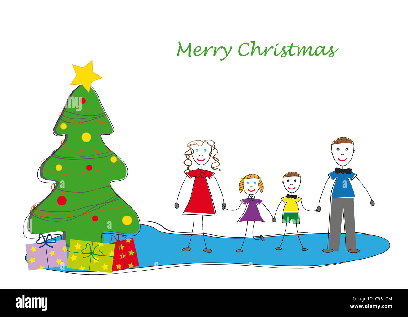 Kids drawing with Christmas tree and family Stock Photo - Alamy