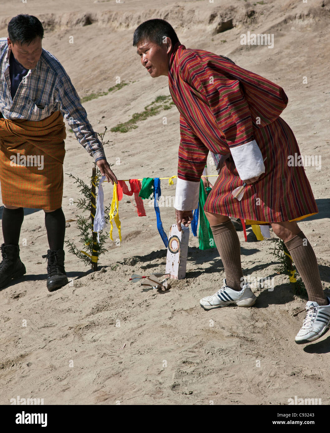 The small target of the national Bhutanese sport of darts, Khuru. Stock Photo