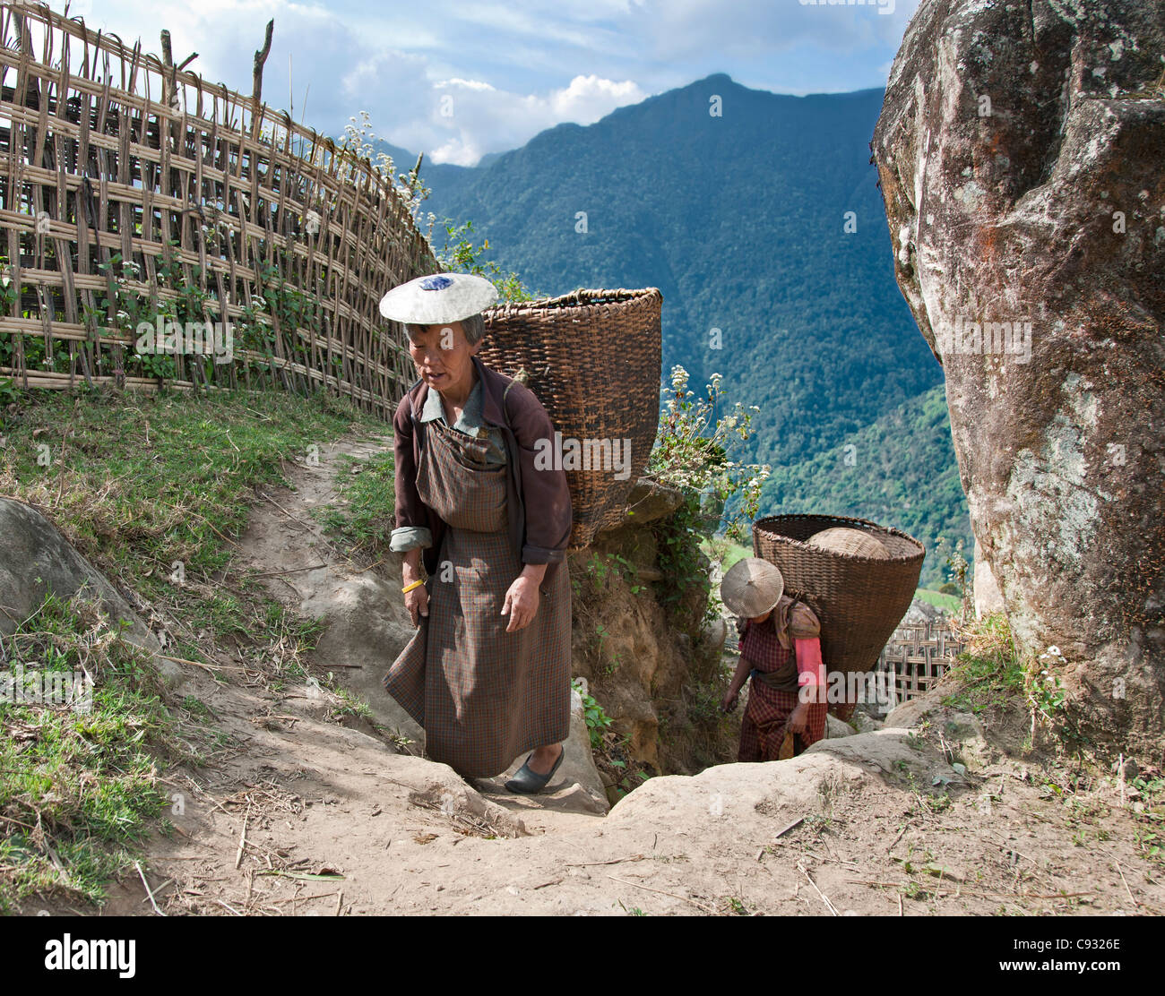Women with large bamboo baskets go to collect produce from their hillside farms in the Mangde Chhu Valley. Stock Photo