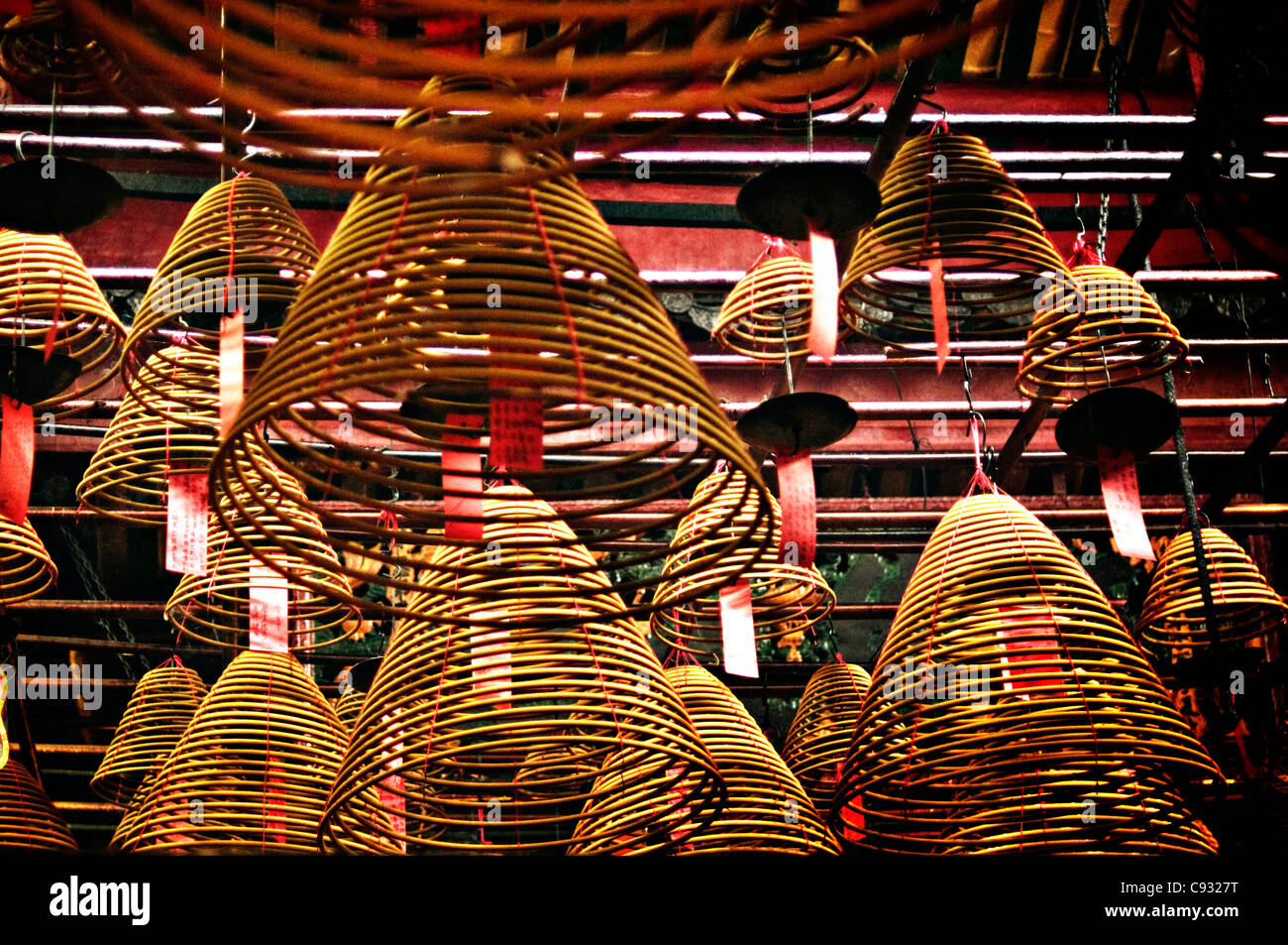 Scent spirals hanging from the ceiling in Hong Kong temple Stock 