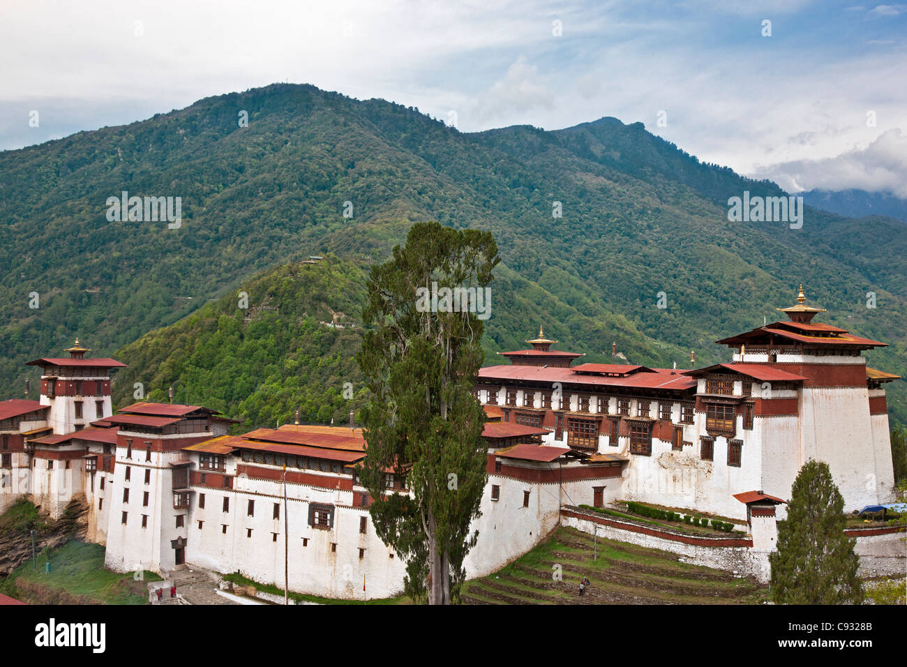 The massive Trongsa Dzong, or fortress, was built in the 1640s. Stock Photo