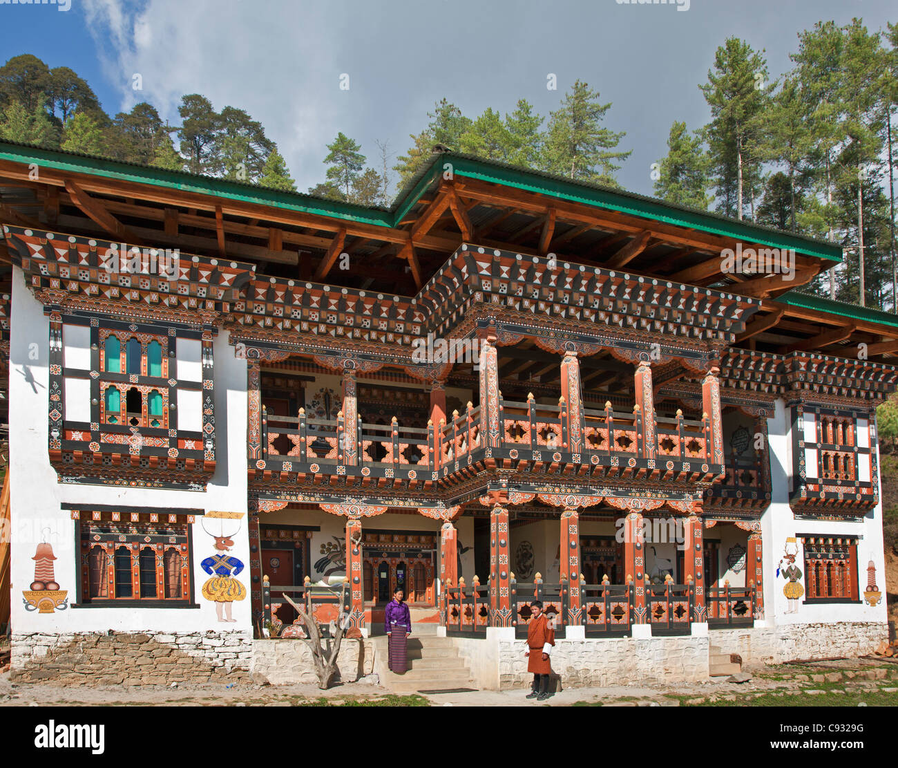 The attractive Bhutanese style architecture of Gakiling Guest House. Stock Photo