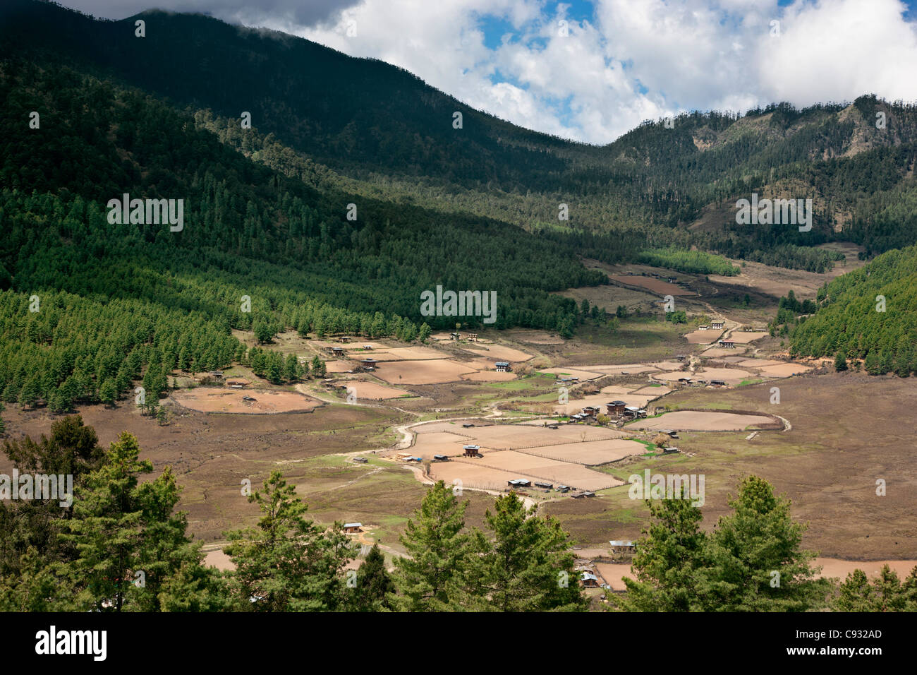 Farms in the fertile Phobjikha Valley Stock Photo Alamy
