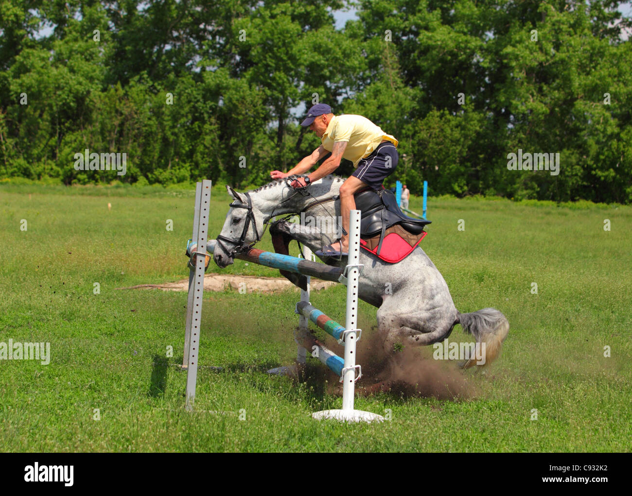 Horse refuse to jump and dismount his rider over the obstacle Stock