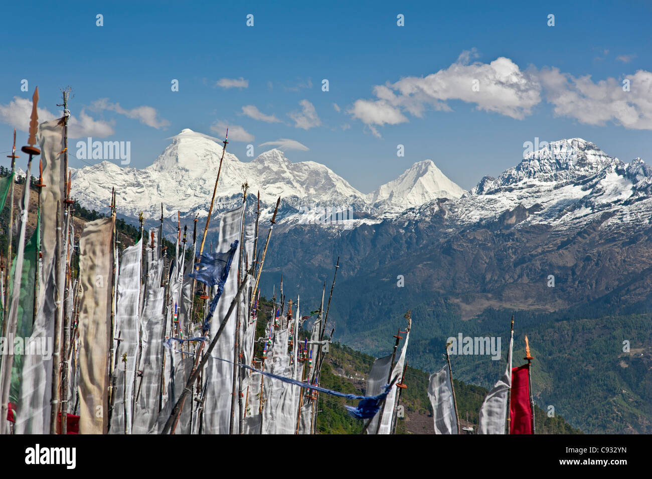 A superb view of snow-capped mountains from the Cheli La Pass, Bhutans highest motorable road. Stock Photo