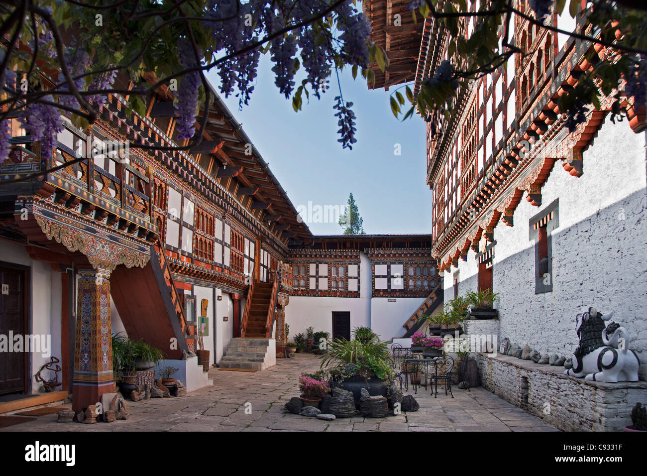The attractive courtyard of Hotel Gangtey Palace, a hotel with views across the Paro Valley. Stock Photo