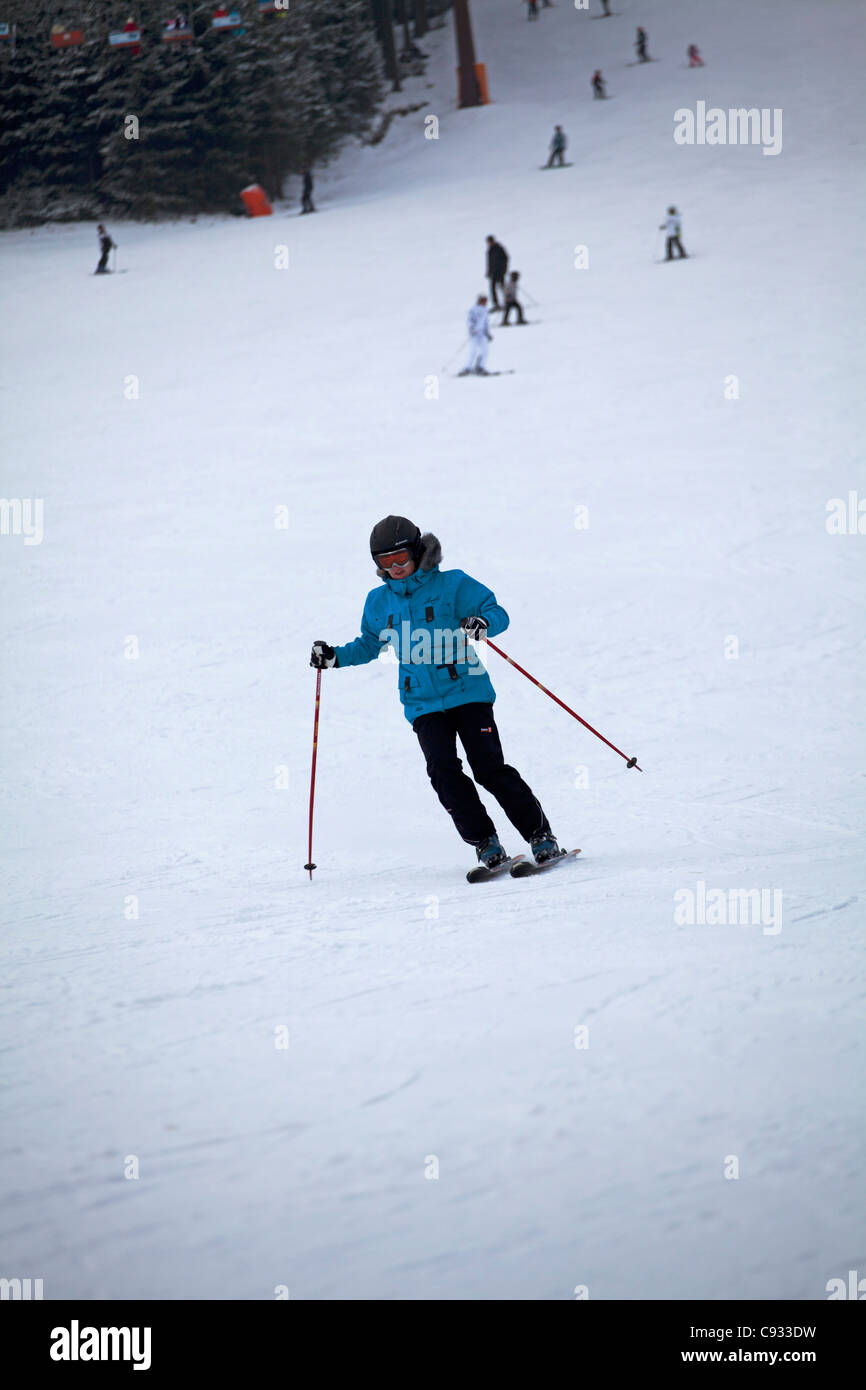 Nove Mesto, East Bohemia, Czech Republic; Skiing in one of the resorts Stock Photo
