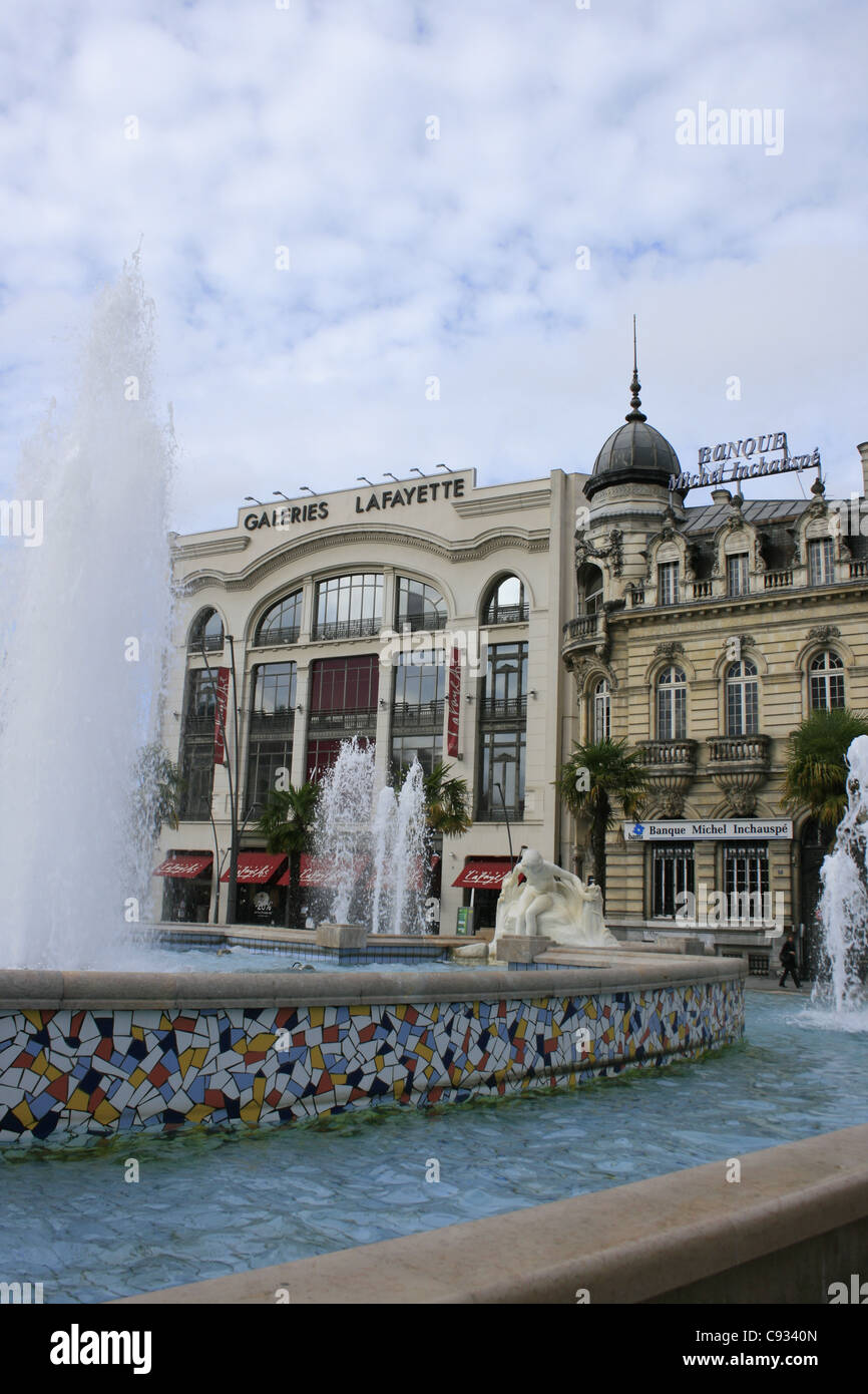 Place Clemenceau with fountain 'La Source' and Galeries Lafayette department store in the background, Pau, France Stock Photo