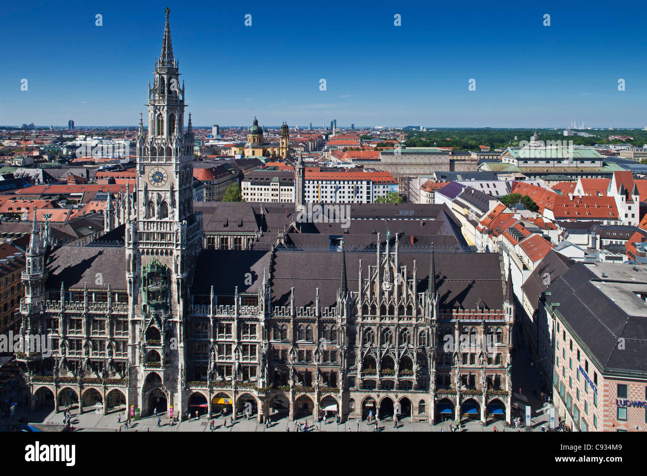 The Munich Rathaus Glockenspiel viewed from the steeple of St. Peter's Church in Munich, Bayern, Germany. Stock Photo