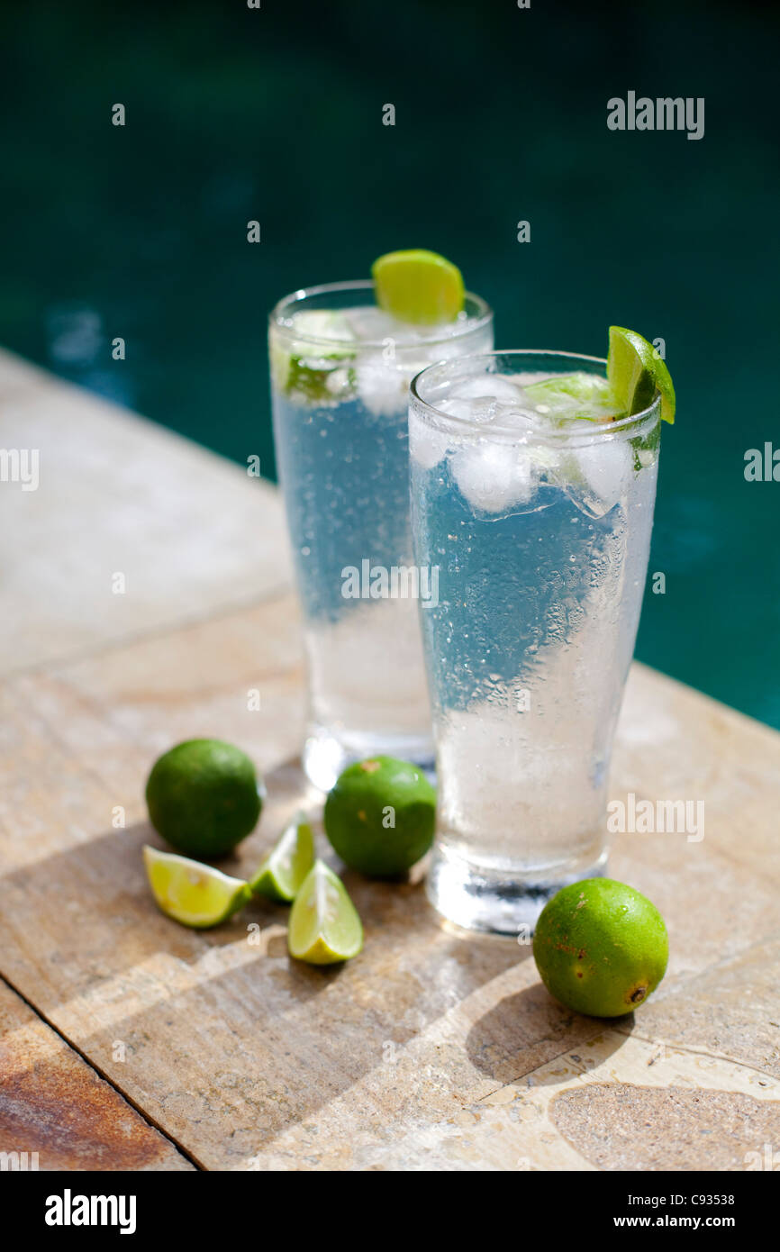 Bali, Ubud. Cool Gin & Tonics with fresh lime. Stock Photo