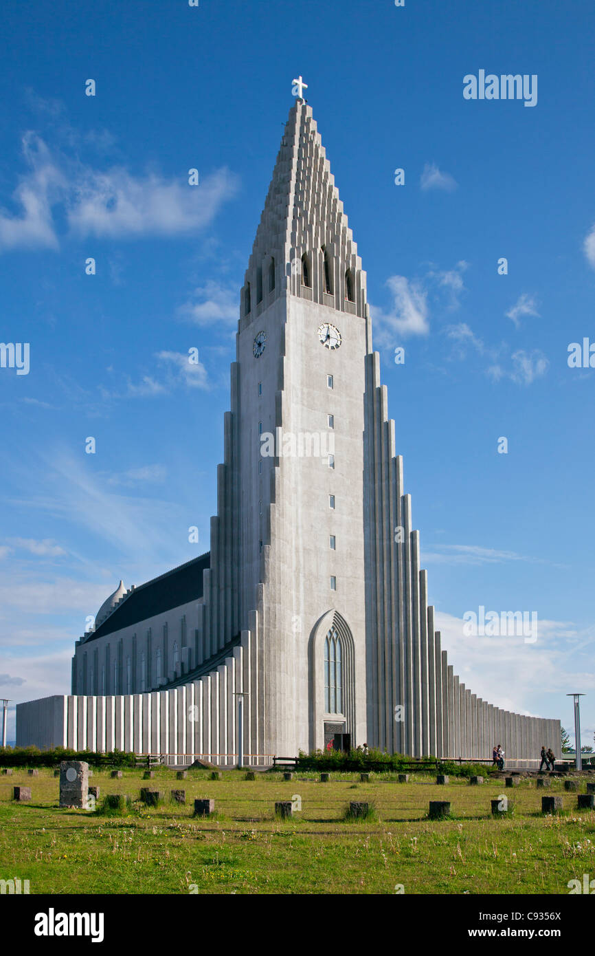 Hallgrimskirkja, Icelands iconic Lutheran church in Reykjavik, took 34 years to build after World War 11. Stock Photo