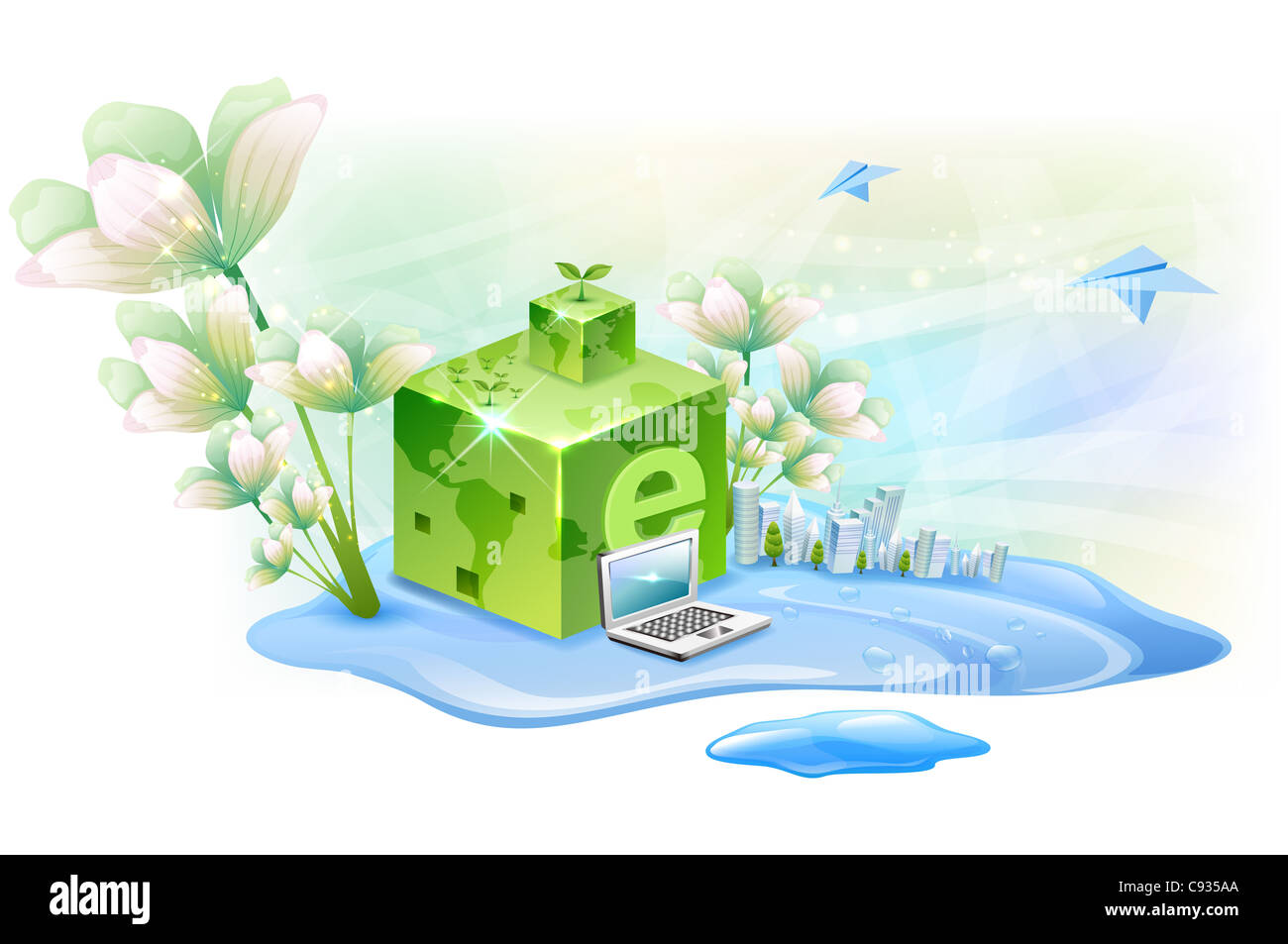 Green block with computer laptop Stock Photo - Alamy