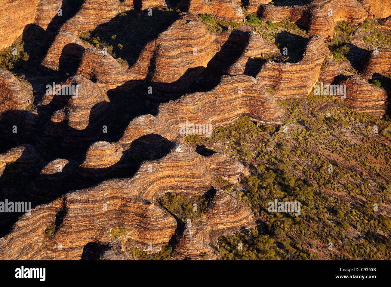'Beehives', Bungle Bungles, Purnululu National Park, Kimberley Region, Western Australia, Australia - aerial Stock Photo