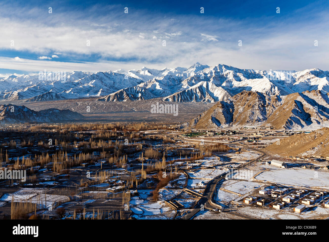 India, Ladakh, Leh. Looking south out over Leh, capital of Ladakh, towards the Zanskar Range. Stock Photo