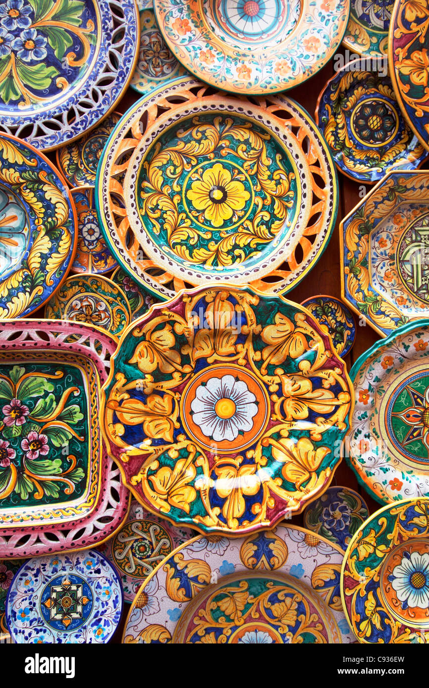 Sicily, Italy, Western Europe; Detail of tyical Sicilian decorated majolica ceramic - Erice Stock Photo