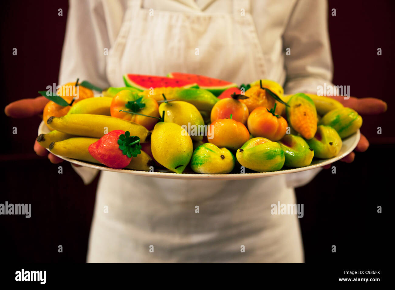Sicily, Italy, Western Europe; 'Frutta Martorana' typical Sicilian marzipan fruits - Erice Stock Photo
