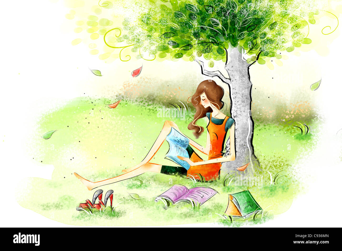 Woman sitting under tree reading book Stock Photo - Alamy