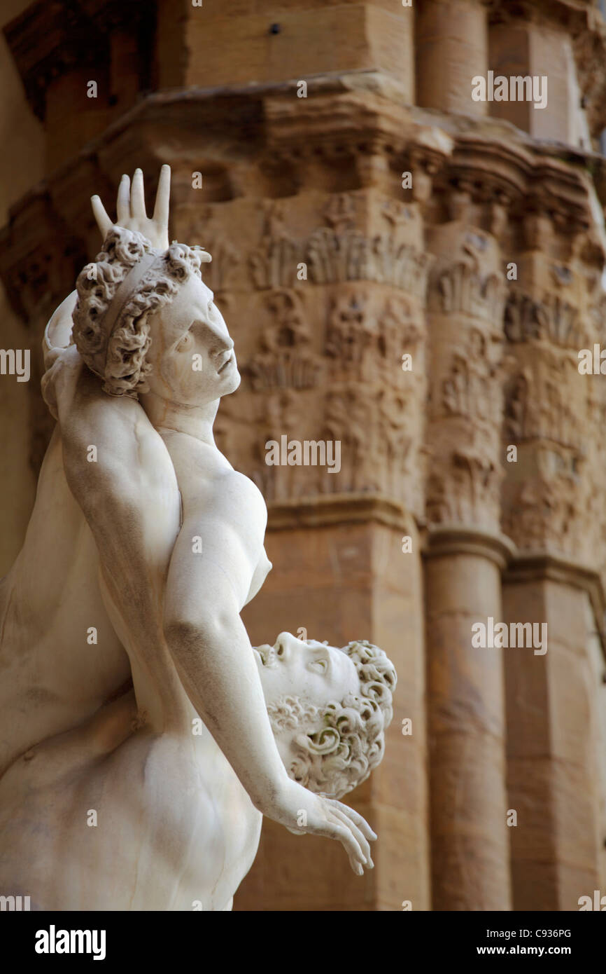 Italy, Florence, Western Europe; Detail of statues outside Palazzo