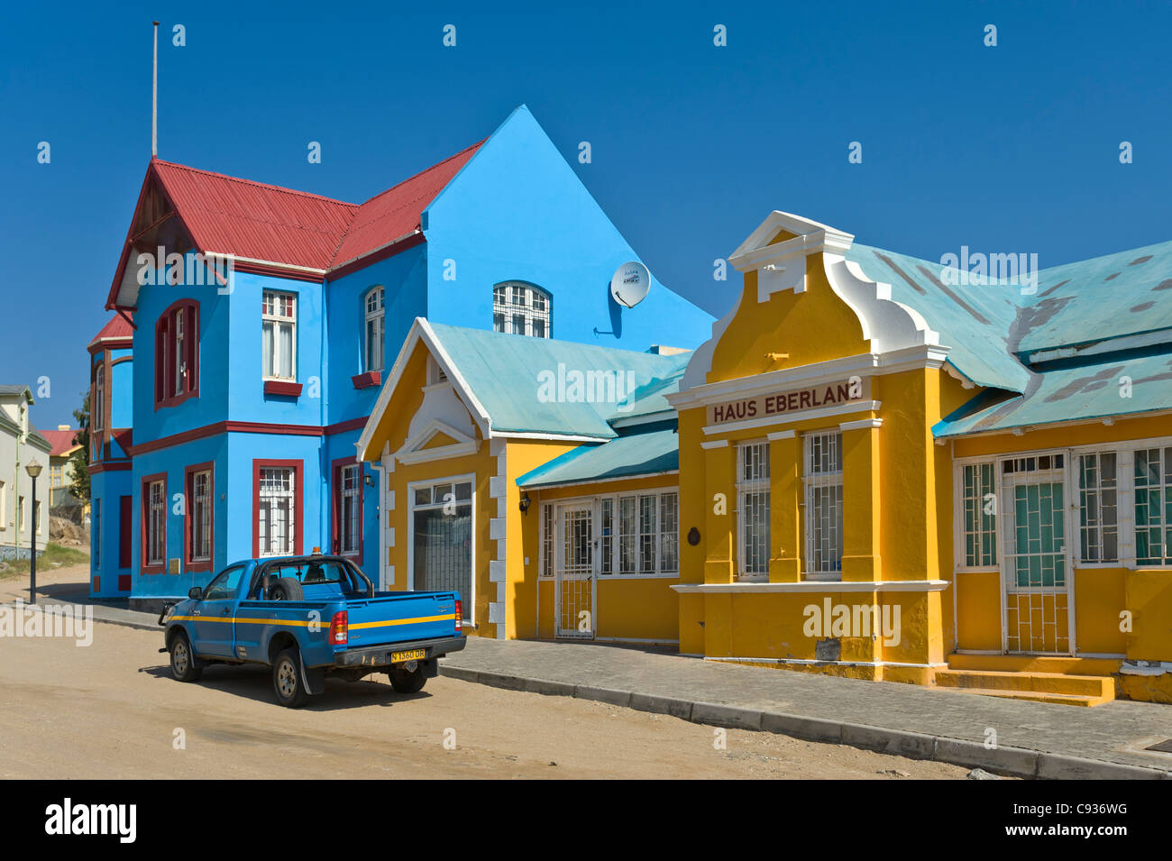Haus Gruenwald left built in 1910 and Hause Eberlanz in Luederitz Namibia Stock Photo