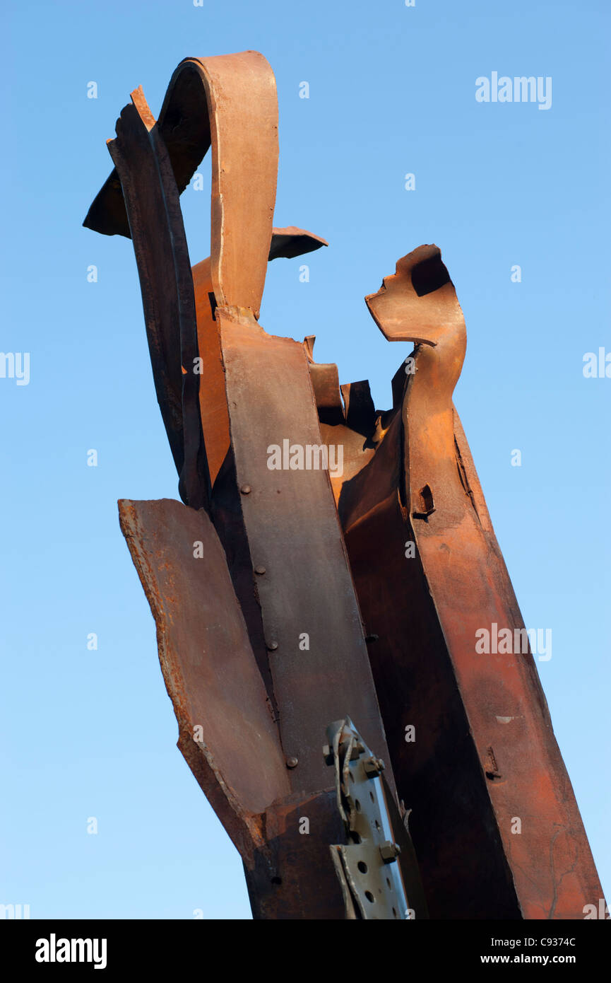 Girders from the World Trade Centre NYC destroyed on 9/11 used in a sculpture by Miya Ando, on display in London's Battersea Park in 2011. Stock Photo