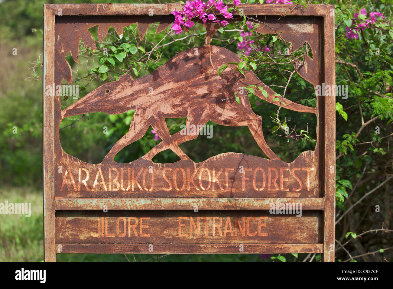 The sign to the Jilore entrance of the Arabuko-Sokoke Forest near Malindi. Stock Photo