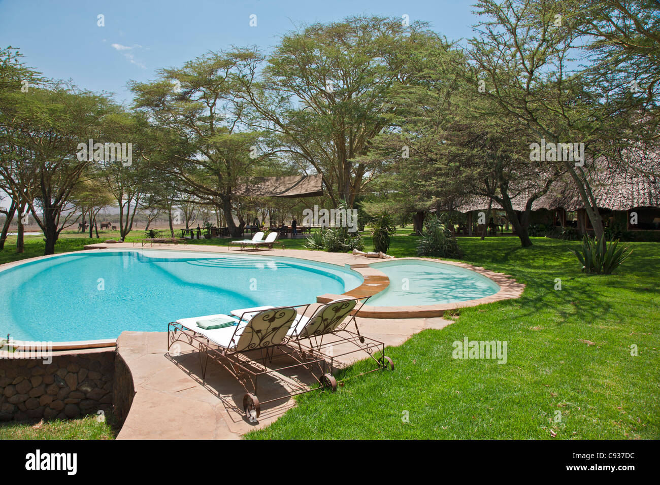 The swimming pool and game-viewing area of Sirikoi Tented Camp. Stock Photo