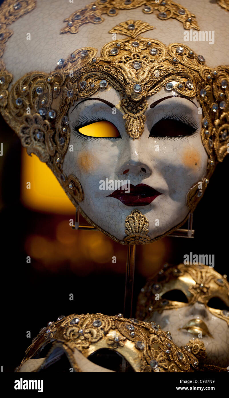 Venice, Veneto, Italy; Carnival masks on display in a shop window Stock Photo