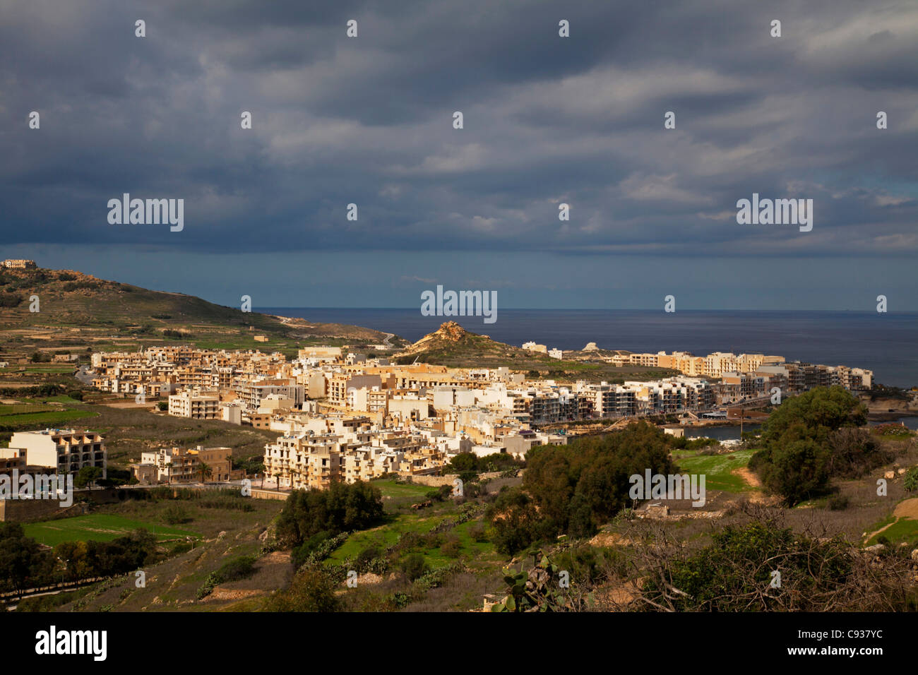 Gozo, Malta, Europe; Overlooking the small town of Marsalforn Stock Photo