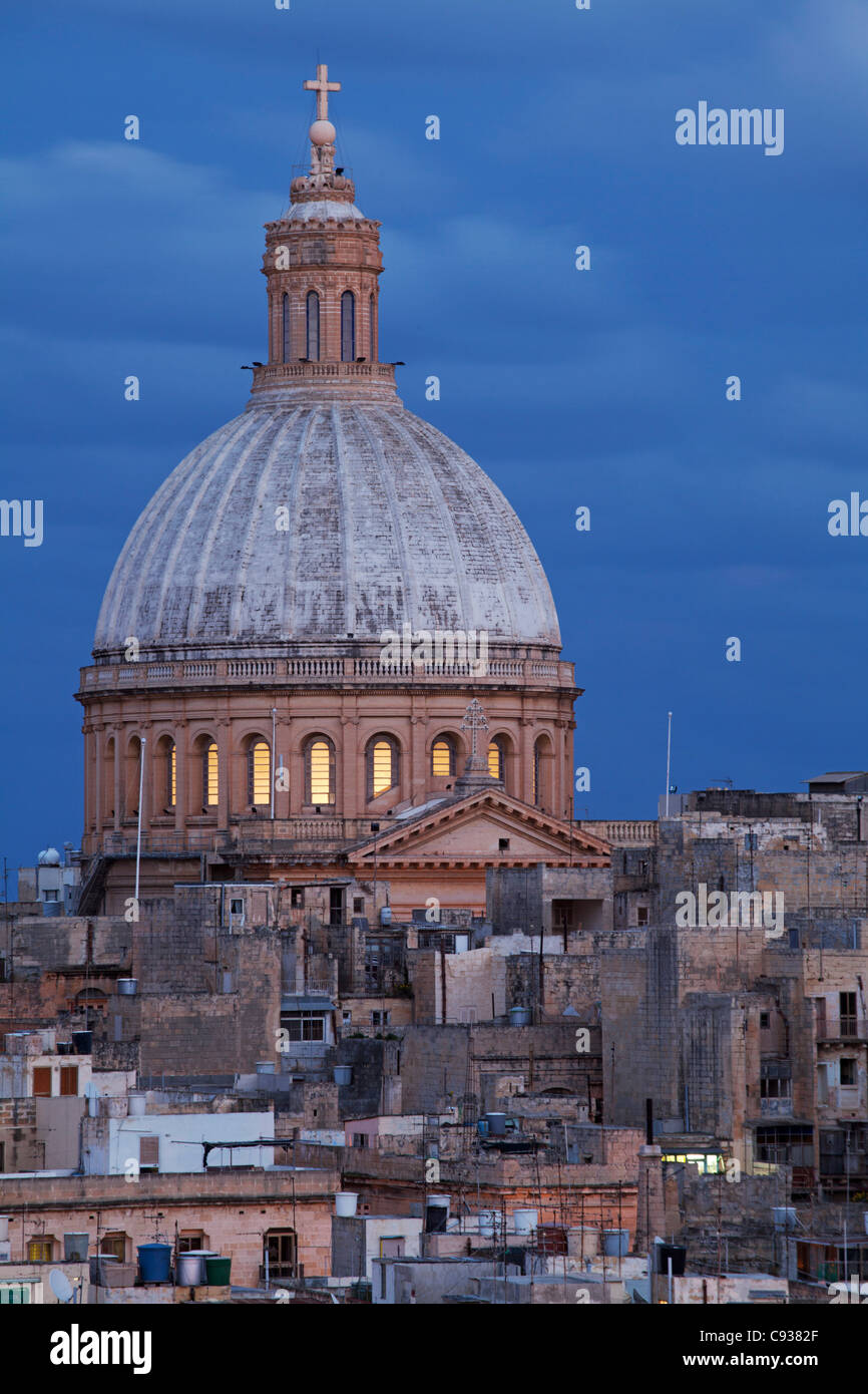 Malta, Europe; A church cupola dominating the skyscape of Valletta Stock Photo