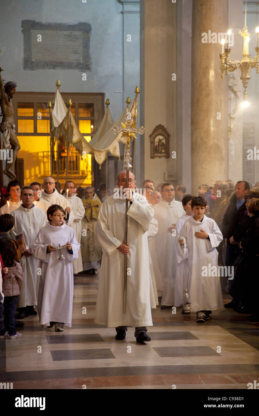 Sicily, Italy, Western Europe; Easter Saturday ceremony at Trapani Cathedral Stock Photo