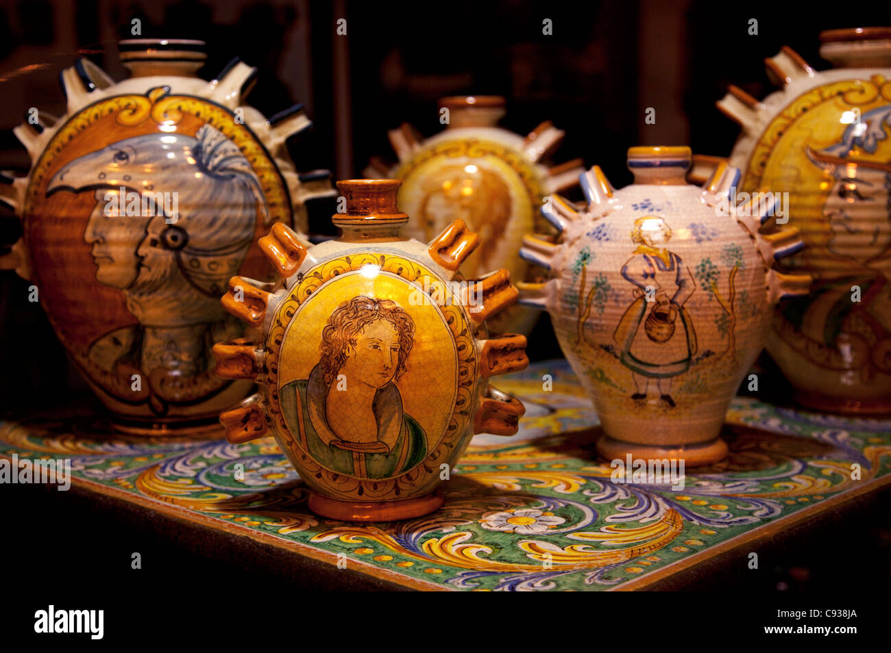 Sicily, Italy, Western Europe; Sicilian Mayolica vases on display Stock Photo