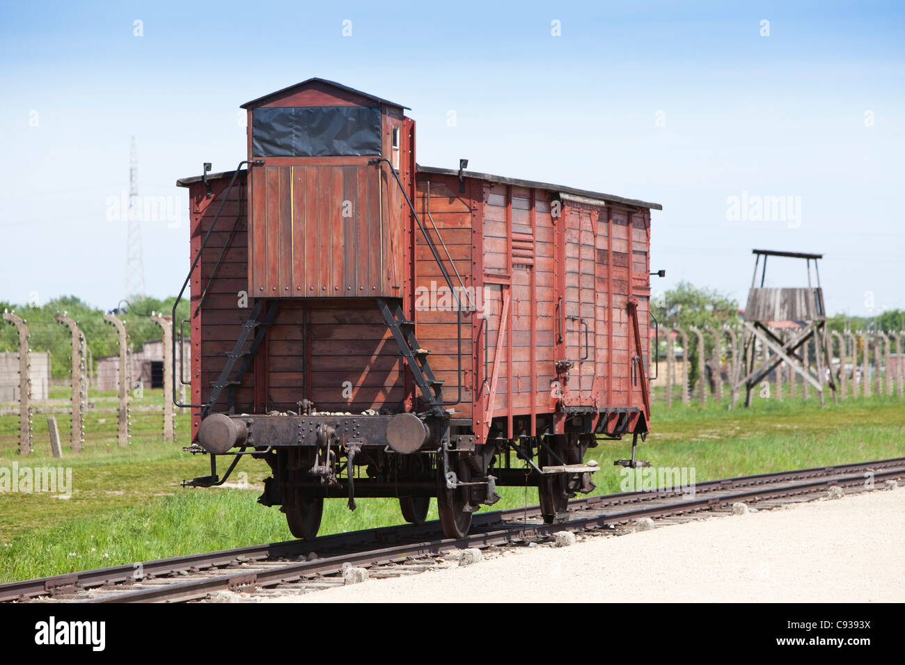 Poland, Brzezinka, Auschwitz II - Birkenau. A freight car used in the transportation of victims to Auschwitz II - Birkenau camp. Stock Photo