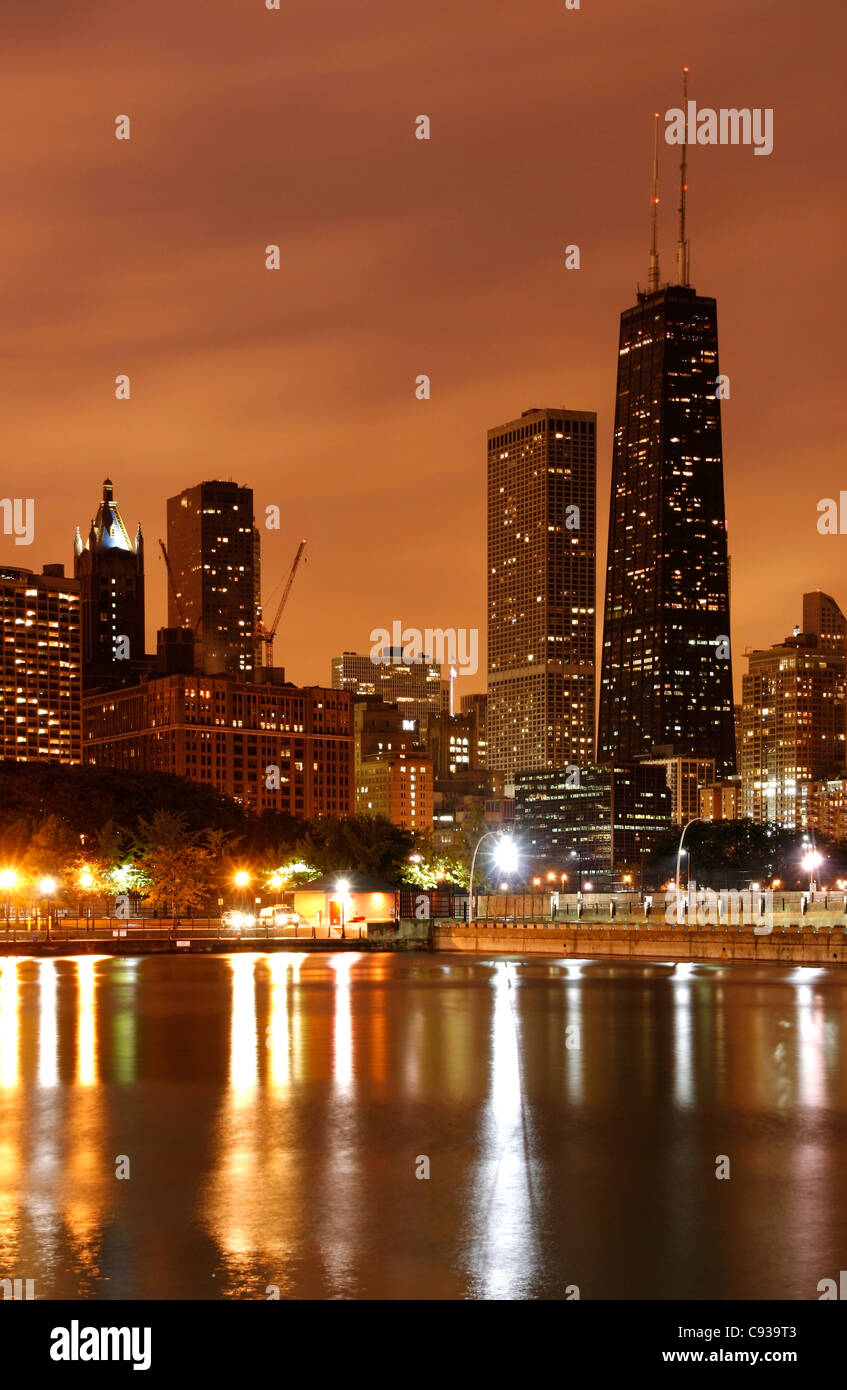 The Chicago Skyline seen from the Navy Pier on a rainy day. USA Stock Photo