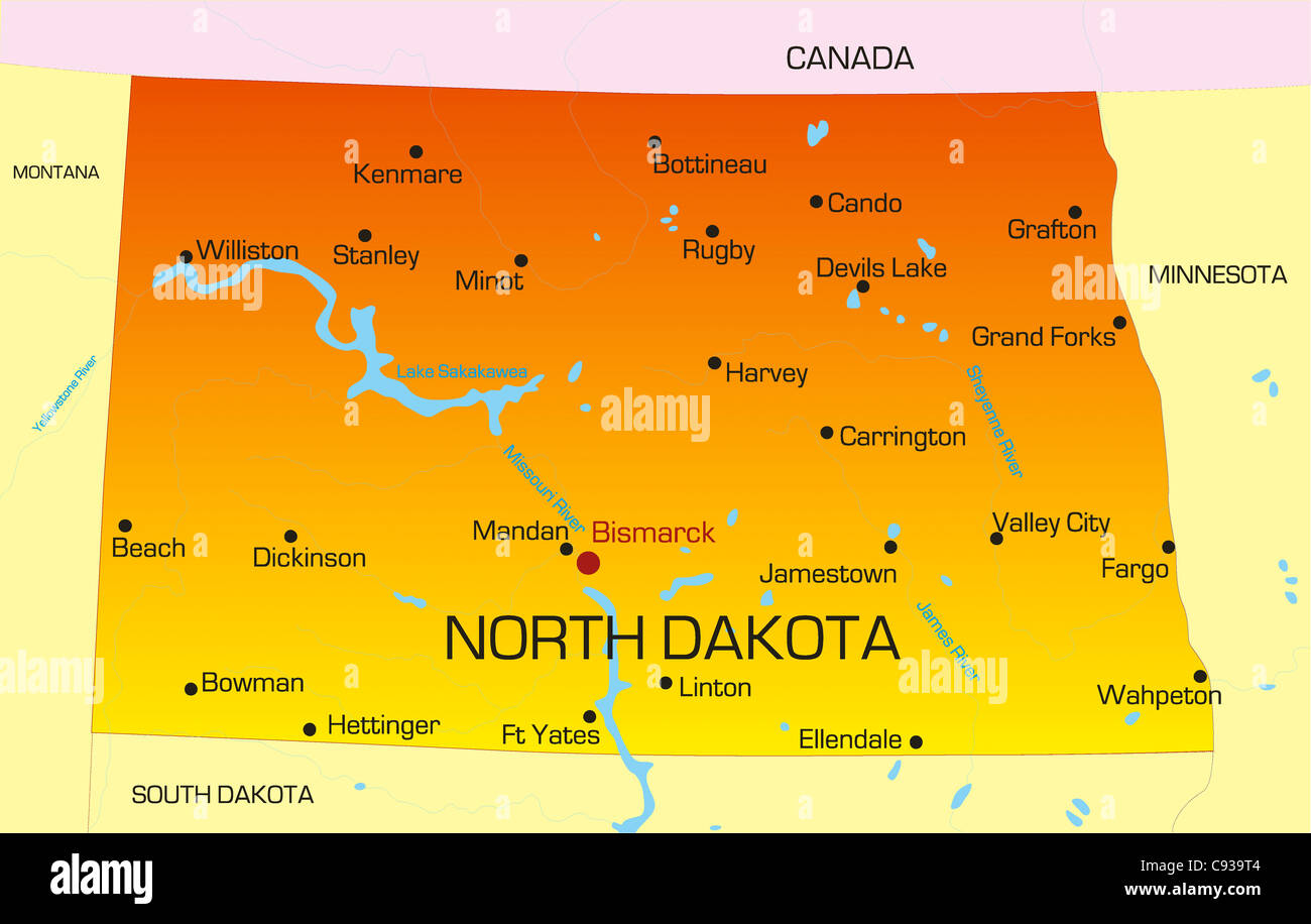 North Dakota Canada Border Map Vector Color Map Of North Dakota State. Usa Stock Photo - Alamy