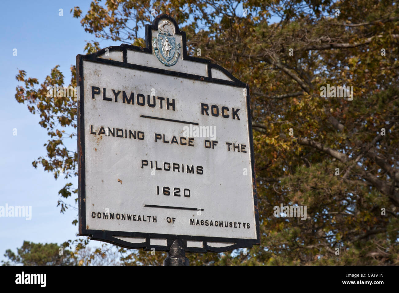 Plymouth Rock Sign, Plymouth, MA Stock Photo