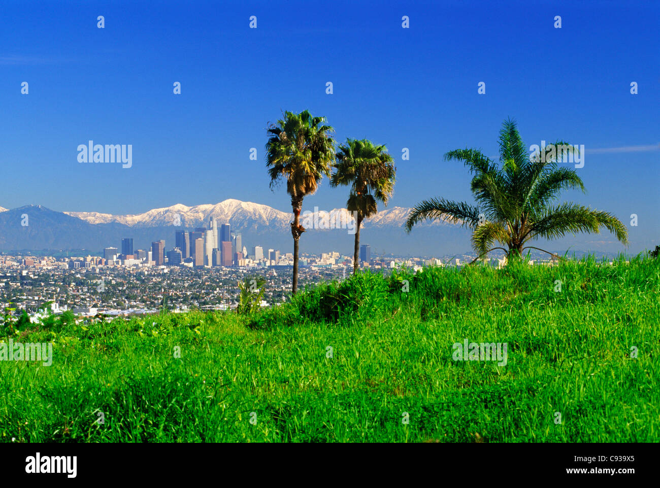 Snow covered San Gabriel Mountains behind downtown Los Angeles skyline Stock Photo