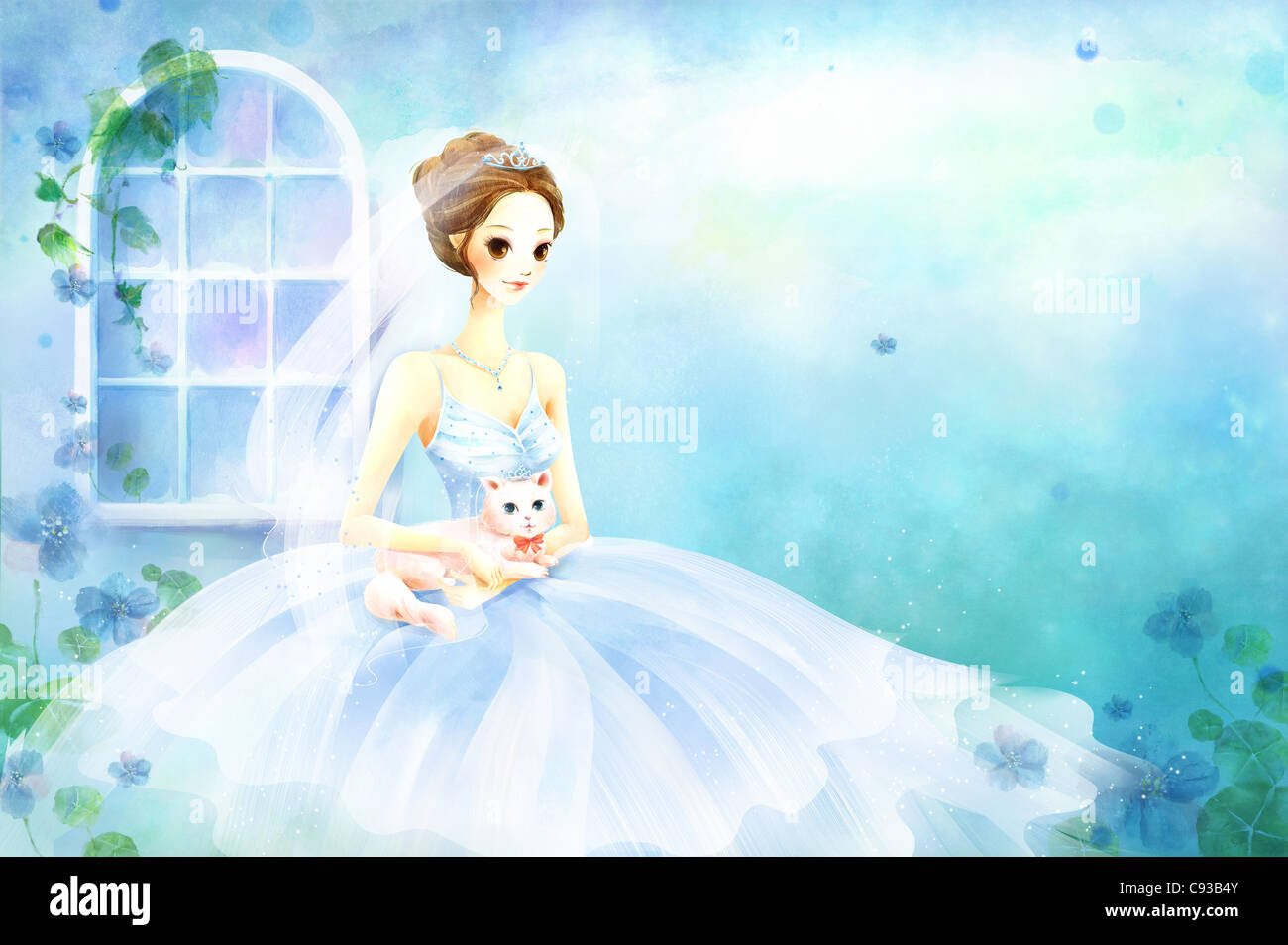 Portrait Of Young Woman In Wedding Dress Holding Cat Stock Photo