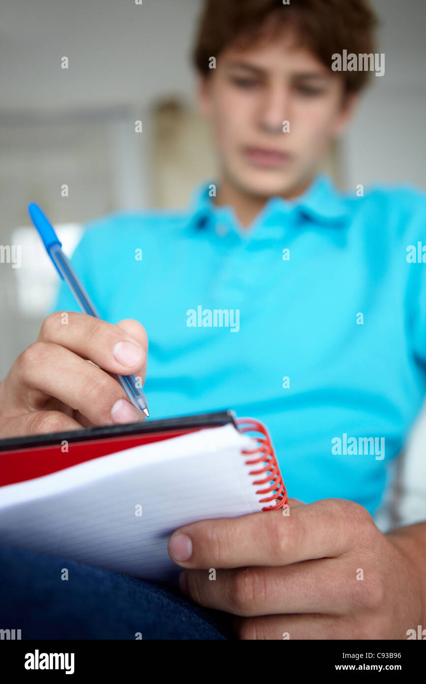 Teenage boy writing in notebook Stock Photo
