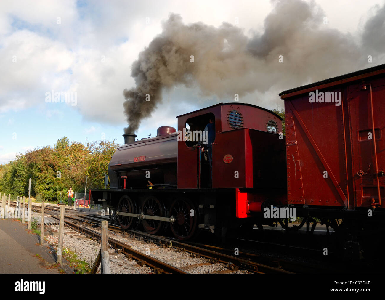 Steam locomotive hauling  wagons on Avon Valley Railway in Somerset. Stock Photo