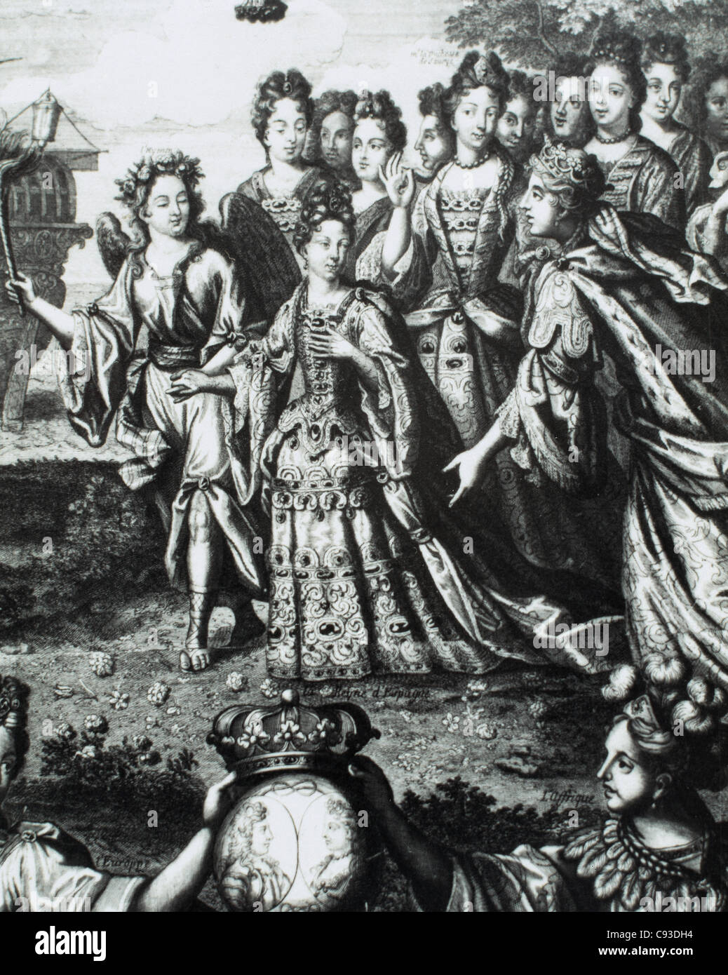 Maria Luisa Gabriela of Savoy (1688-1714). First wife of Philip V of Spain.  Arrival of queen Maria Luisa of Savoy. Engraving. Stock Photo