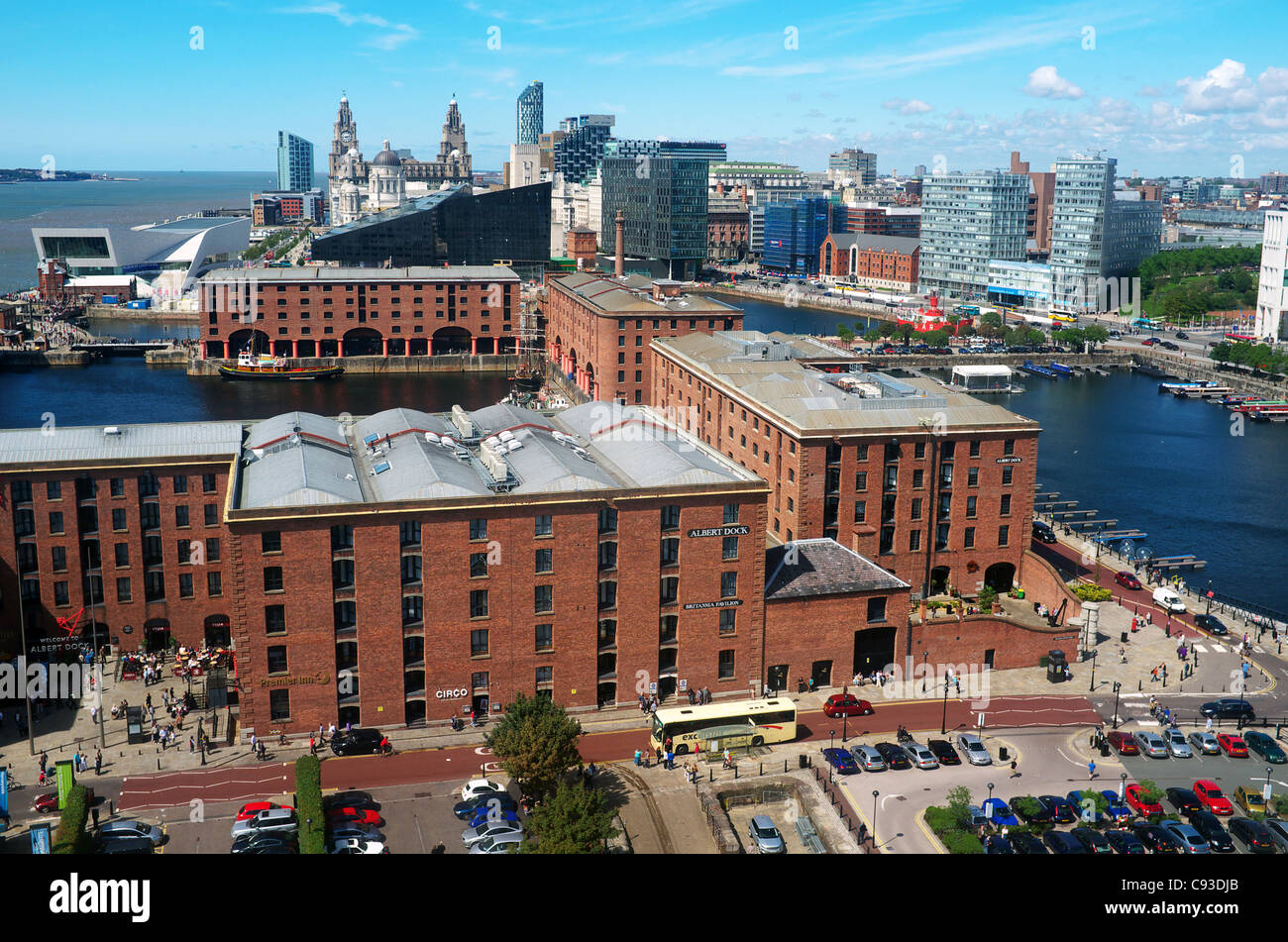 Albert Docks, The River Mersey, Liverpool Docklands and a view across the skyline to the Liver Building, Liverpool Stock Photo