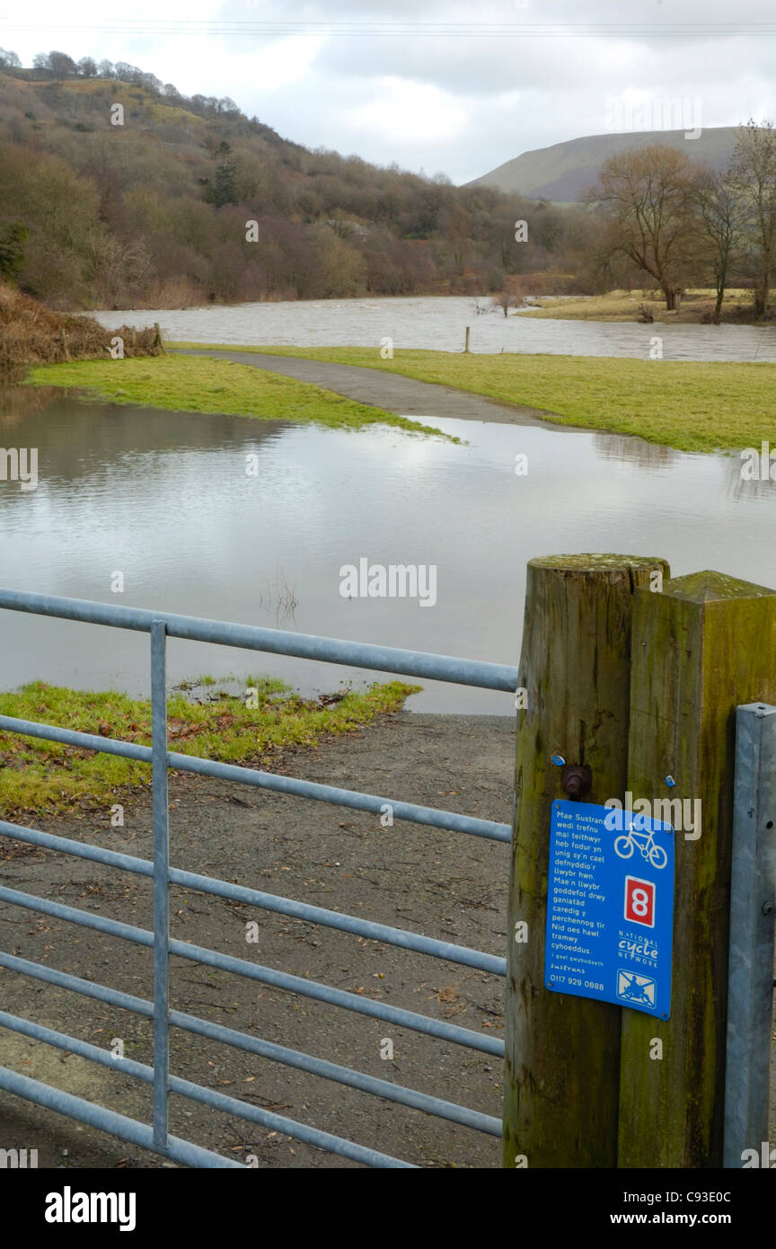Sustrans cycle route, Builth Wells, somewhat flooded Stock Photo