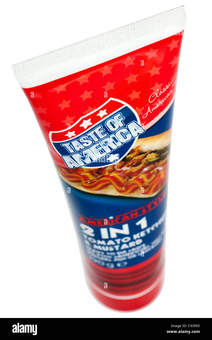 Tube of 2 in 1Taste of America tomato ketchup and mustard sauce Stock Photo