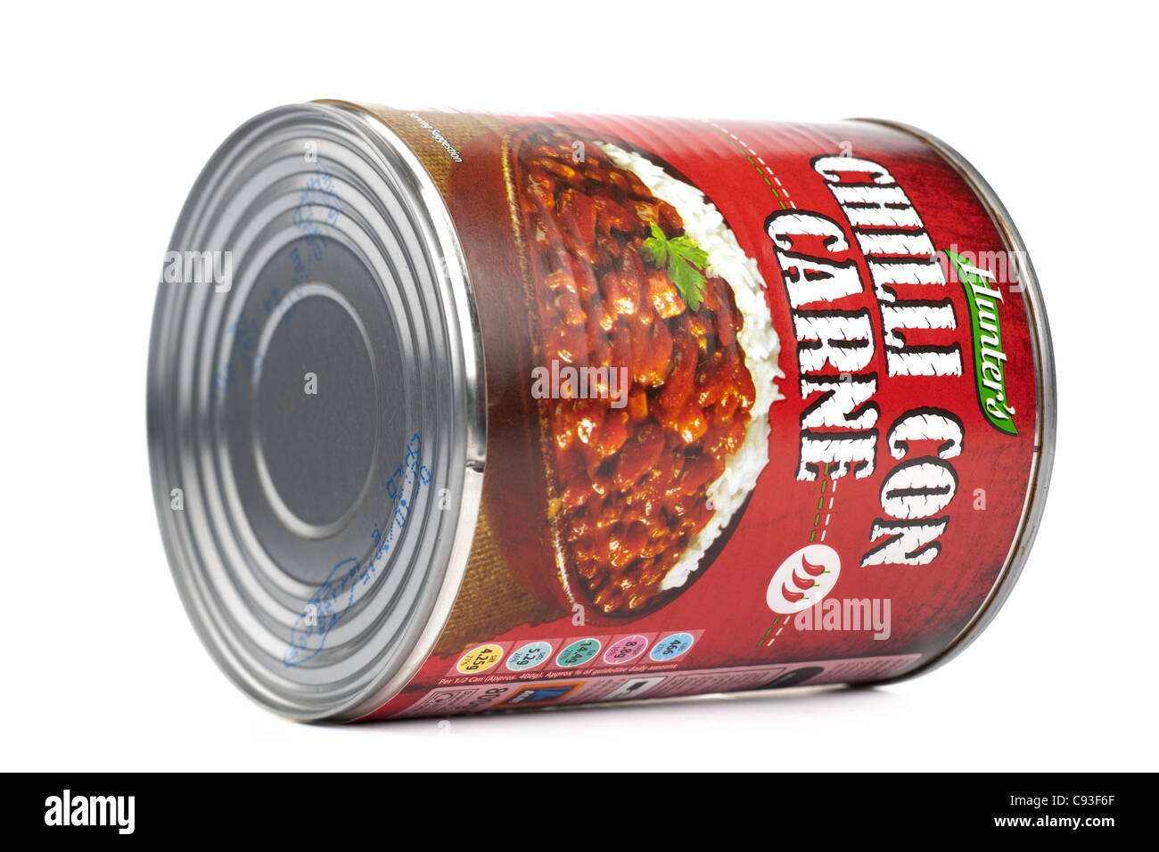 800g can of Hunters Chilli con carne laid on its side Stock Photo