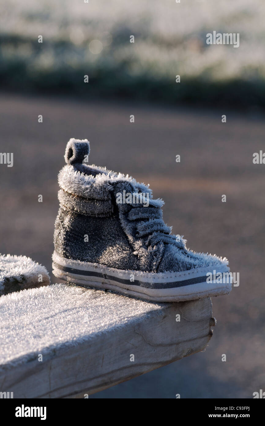 Child's Lost Running Shoe in Frost Stock Photo
