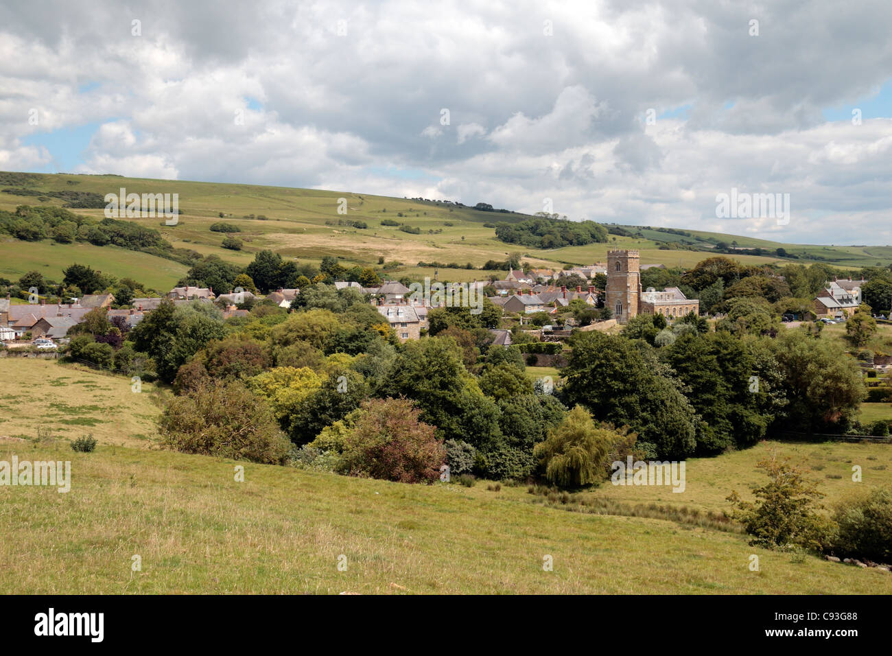 View from a hilltop overlooking the pretty village of Abbotsbury, Dorset, UK. Stock Photo