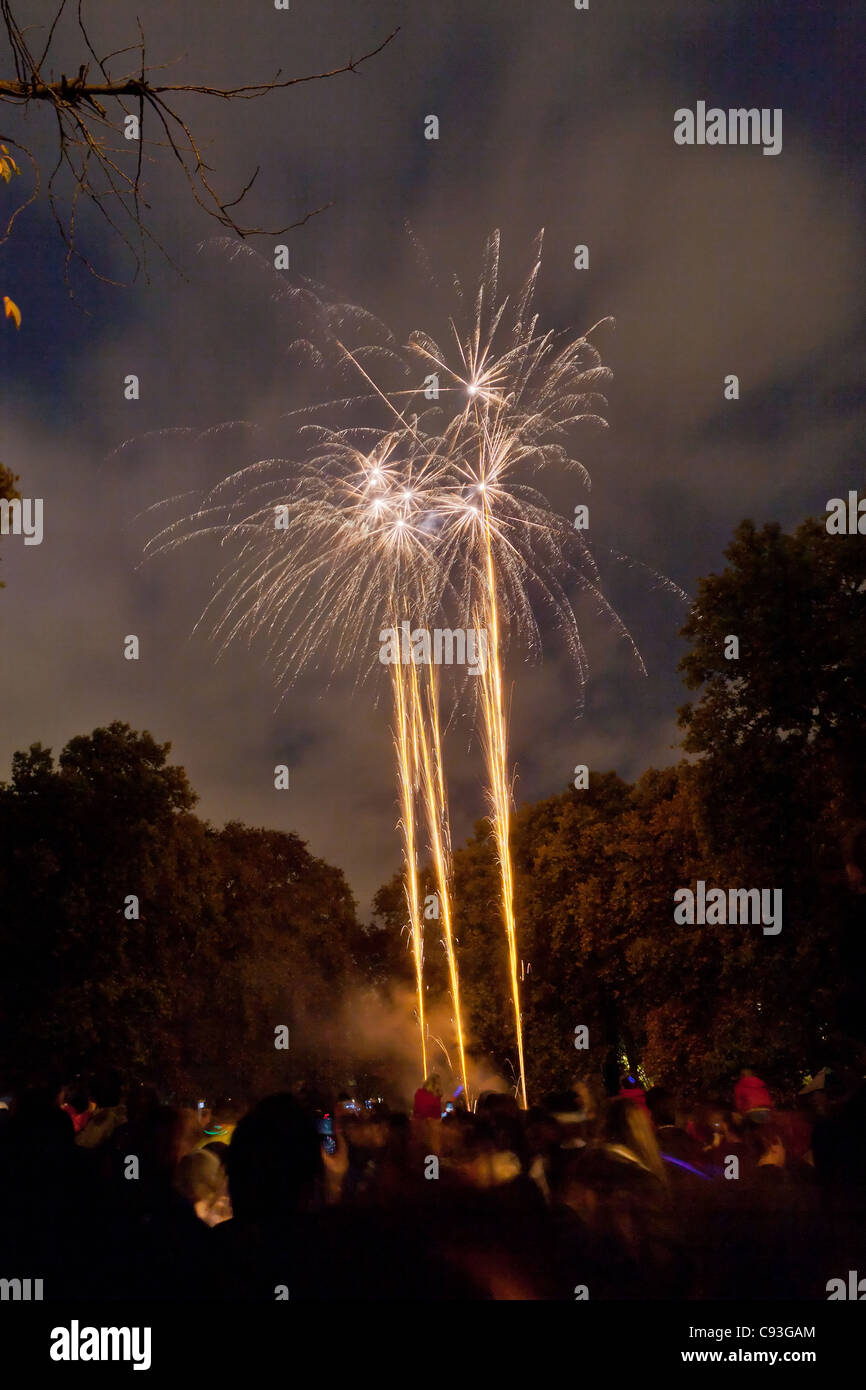 Crowd watching Fireworks display on November 4 2011. Corams Fields, Bloomsbury, Camden, London, England Stock Photo