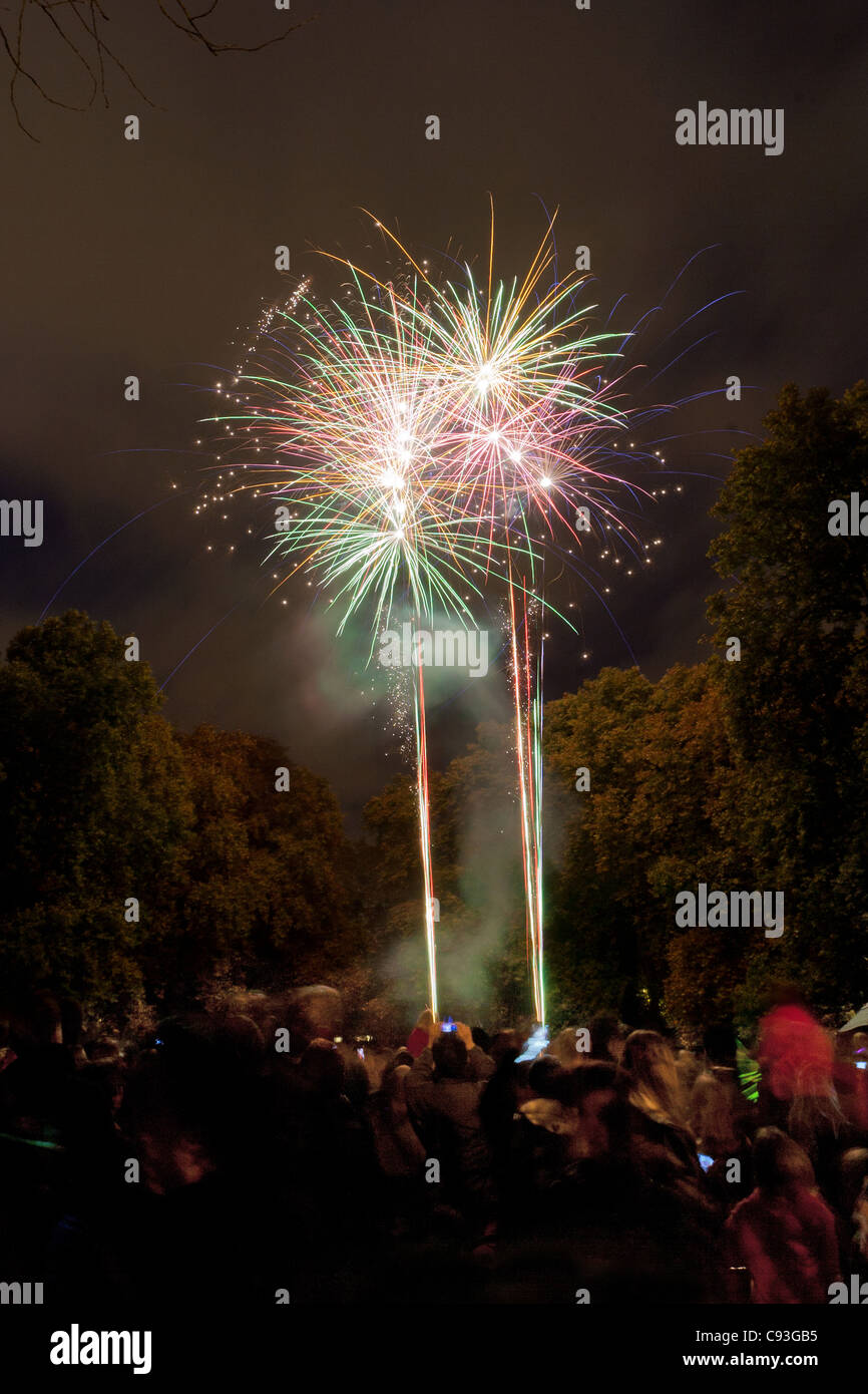 Crowd watching Fireworks display on November 4 2011. Corams Fields, Bloomsbury, Camden, London, England Stock Photo